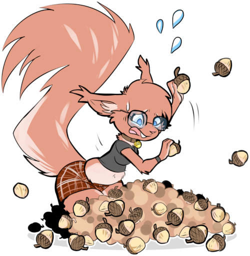 An anthro squirrel frantically digging through a pile of nuts, tossing acorns left and right.